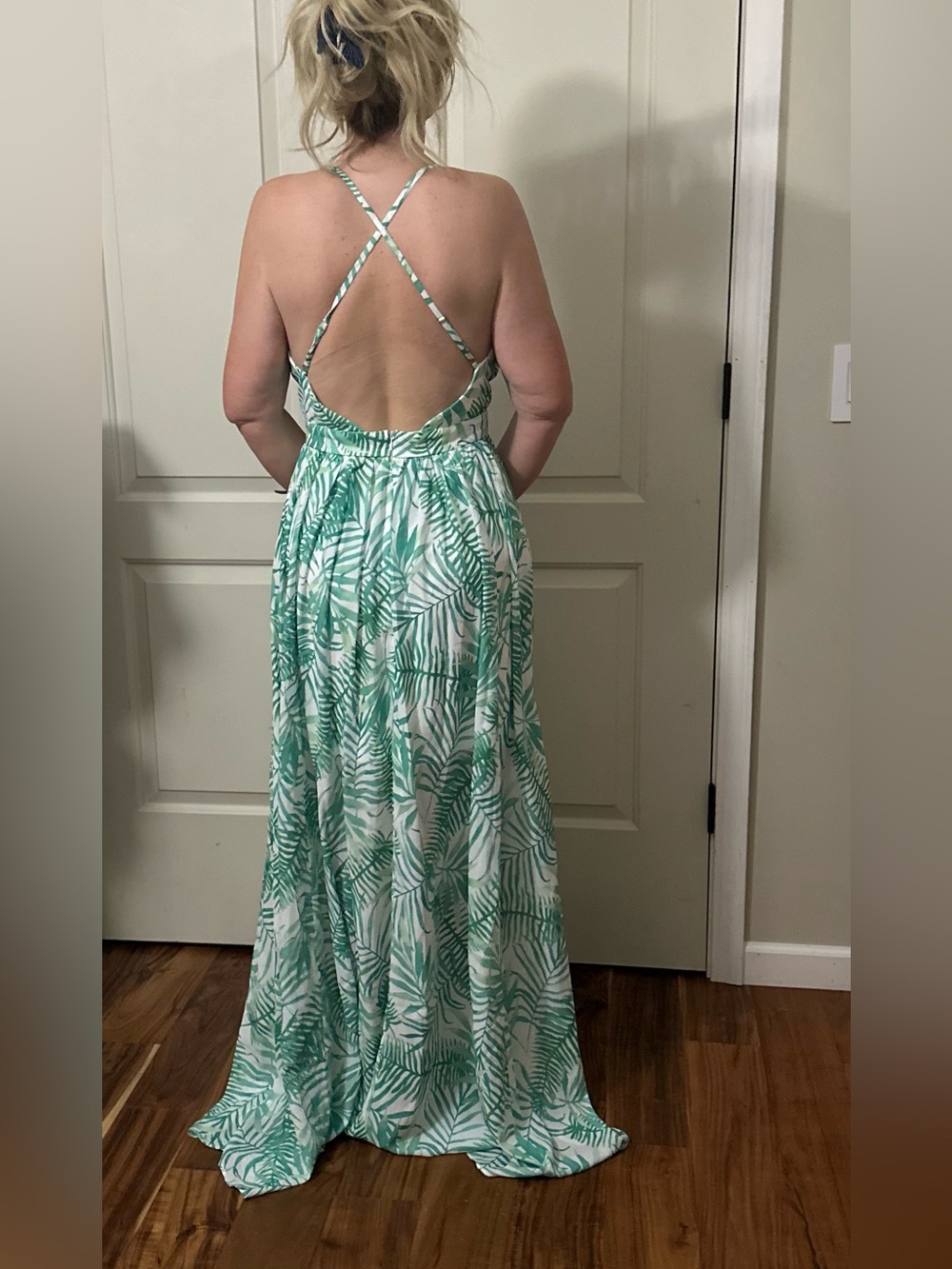 Luxxel White Dress with Green Leaf Print - Picture 3 of 5